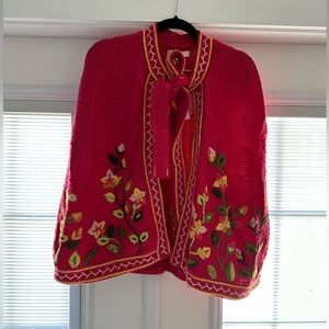 Love Shack Fancy knit cape in hot pink embroidered flower. New with tags ML.
